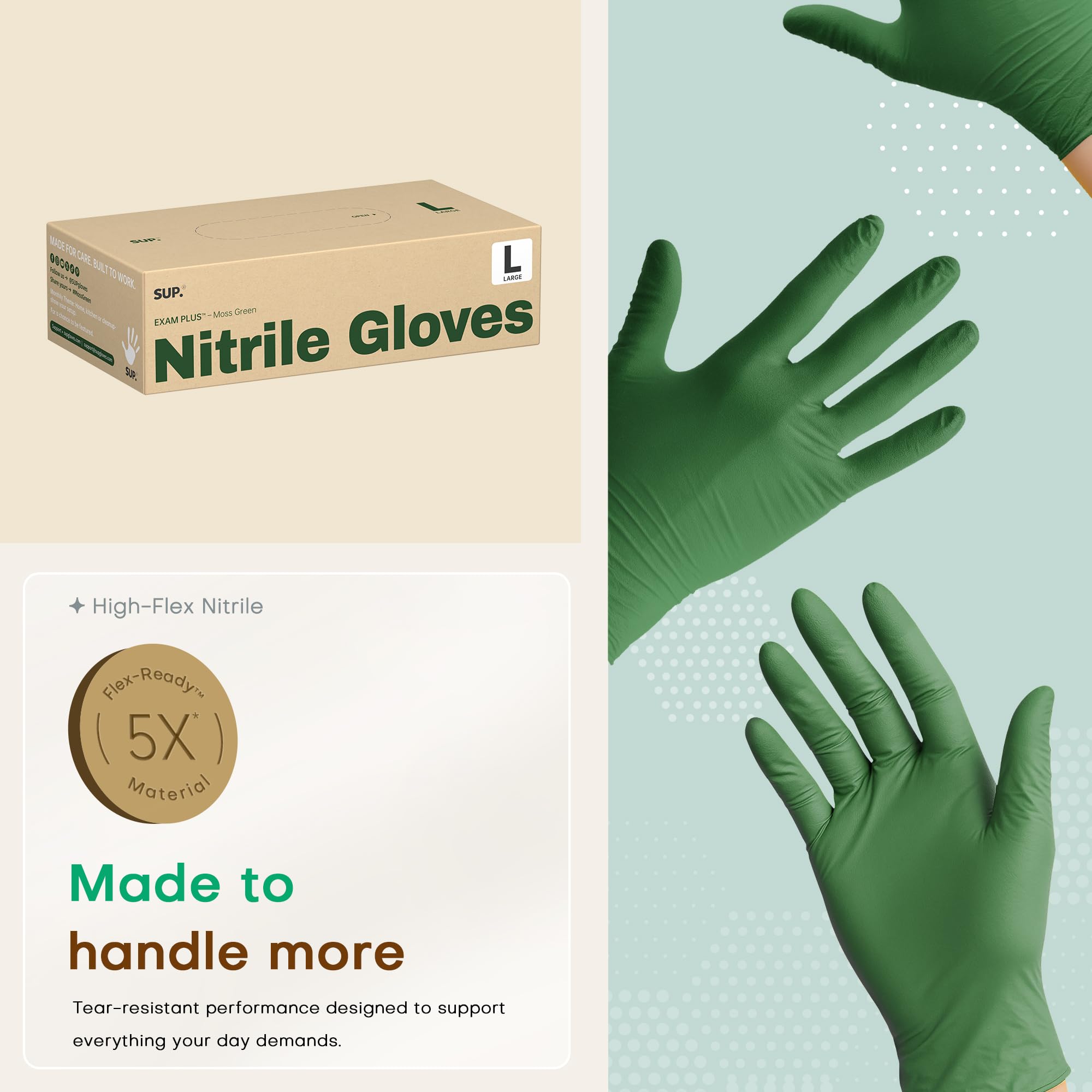 SUP Nitrile Exam Gloves, Powder-Free Latex-Free Food Safe Cooking Cleaning Disposable Medical Glove, Moss Green, 1000 Pcs (Large)