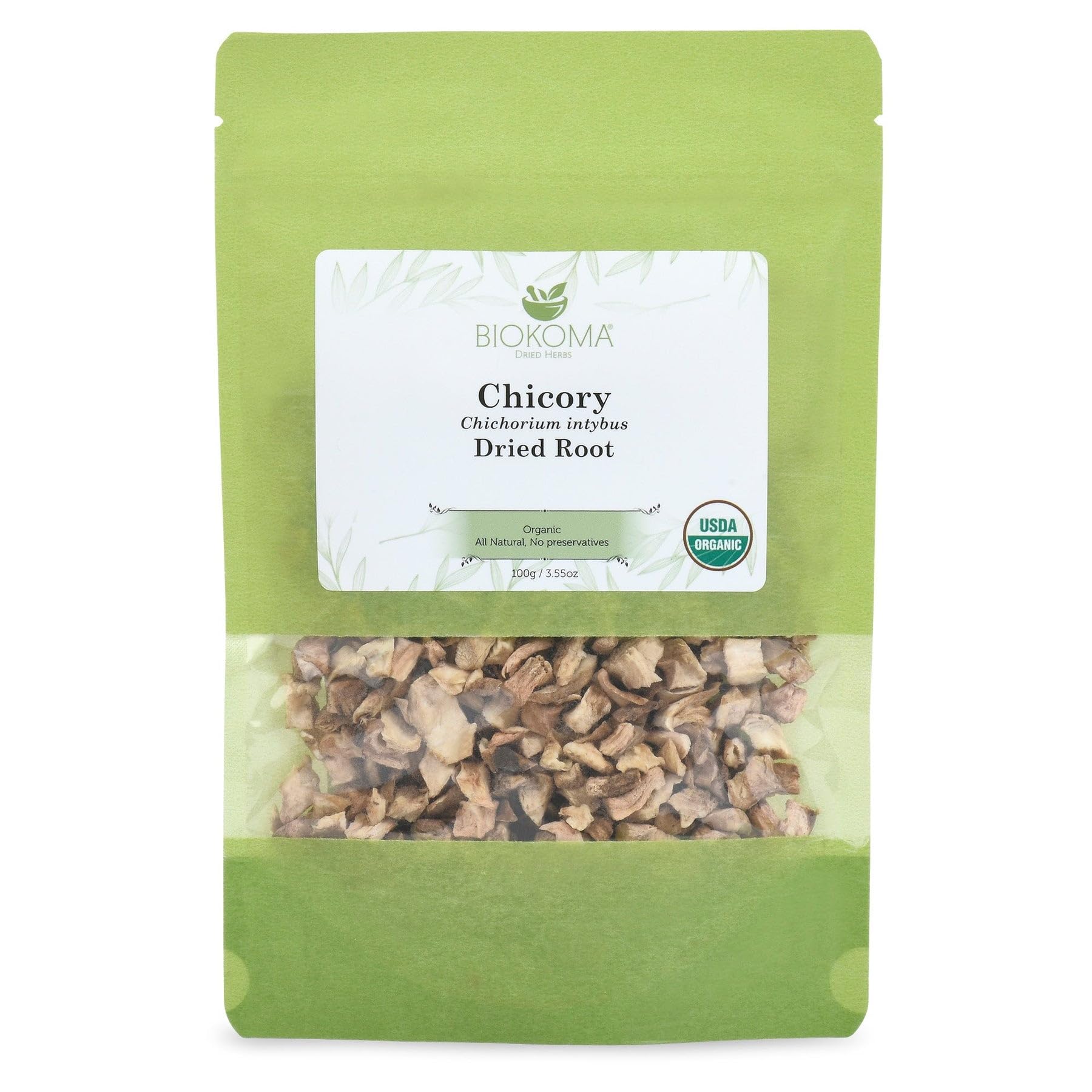 Biokoma Organic Chicory Root 100g 3.55 oz Dried Cut Coffee Substitute USDA Organic Herbal Tea Caffeine-Free Digestive Health Resealable Moisture Proof