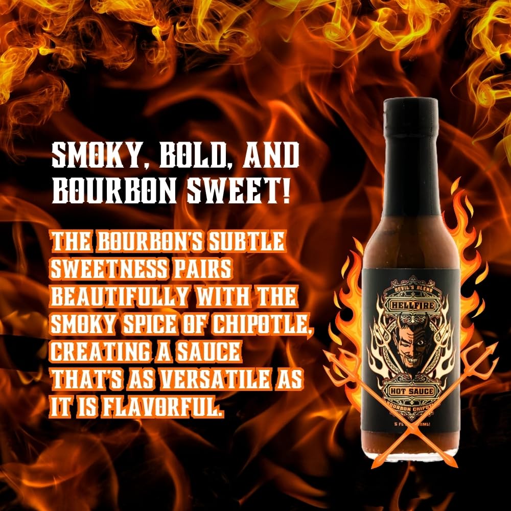 Hellfire Devil's Blend Bourbon Chipotle Hot Sauce, Bourbon Infused Chipotle Peppers, Smoked Habaneros, and Exotic Fruits and Spices, Gourmet,