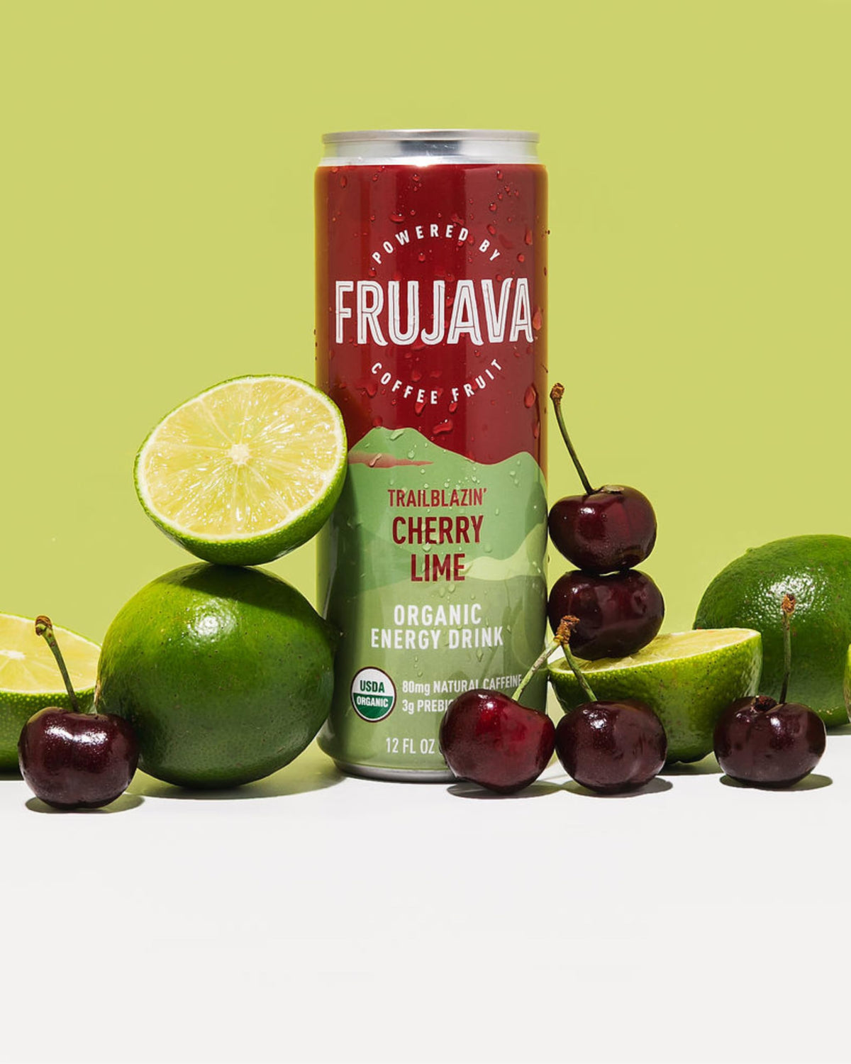 Frujava Organic Energy Drink, Trailblazin’ Cherry Lime, 80mg Natural Caffeine, 3g Prebiotic Fiber, 12oz Can, Powered by Coffee Fruit, Organic, Low