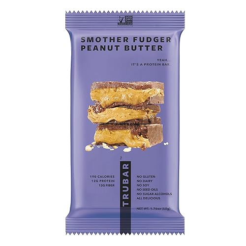 TRUBAR Vegan Protein Bar, Smother Fudger Peanut Butter, Gluten Free, Plant Based, High Fiber, Dairy Free, Low Fat, Non GMO, No Sugar Alcohols, 12G