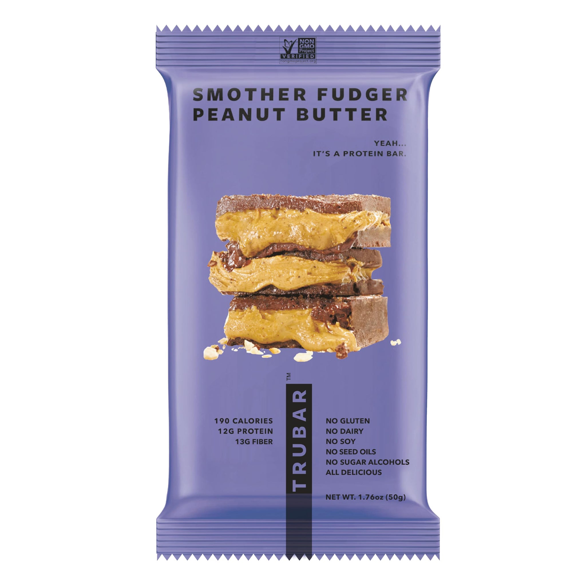 TRUBAR Vegan Protein Bar, Smother Fudger Peanut Butter, Gluten Free, Plant Based, High Fiber, Dairy Free, Low Fat, Non GMO, No Sugar Alcohols, 12G