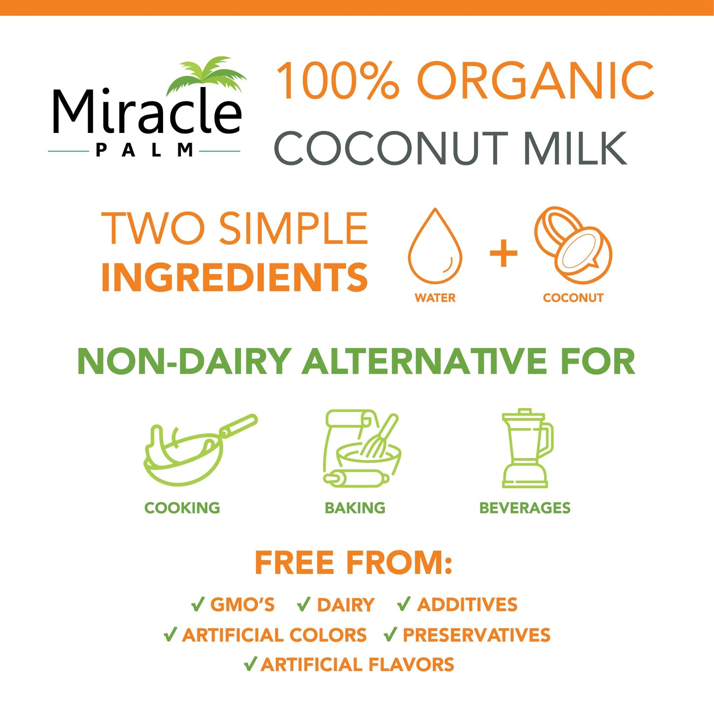 Miracle Palm Organic Coconut Milk Unsweetened - No Gums or Preservatives, Vegan, Dairy Free, Gluten Free, 13.5 Fl Oz Cans (Pack of 6)