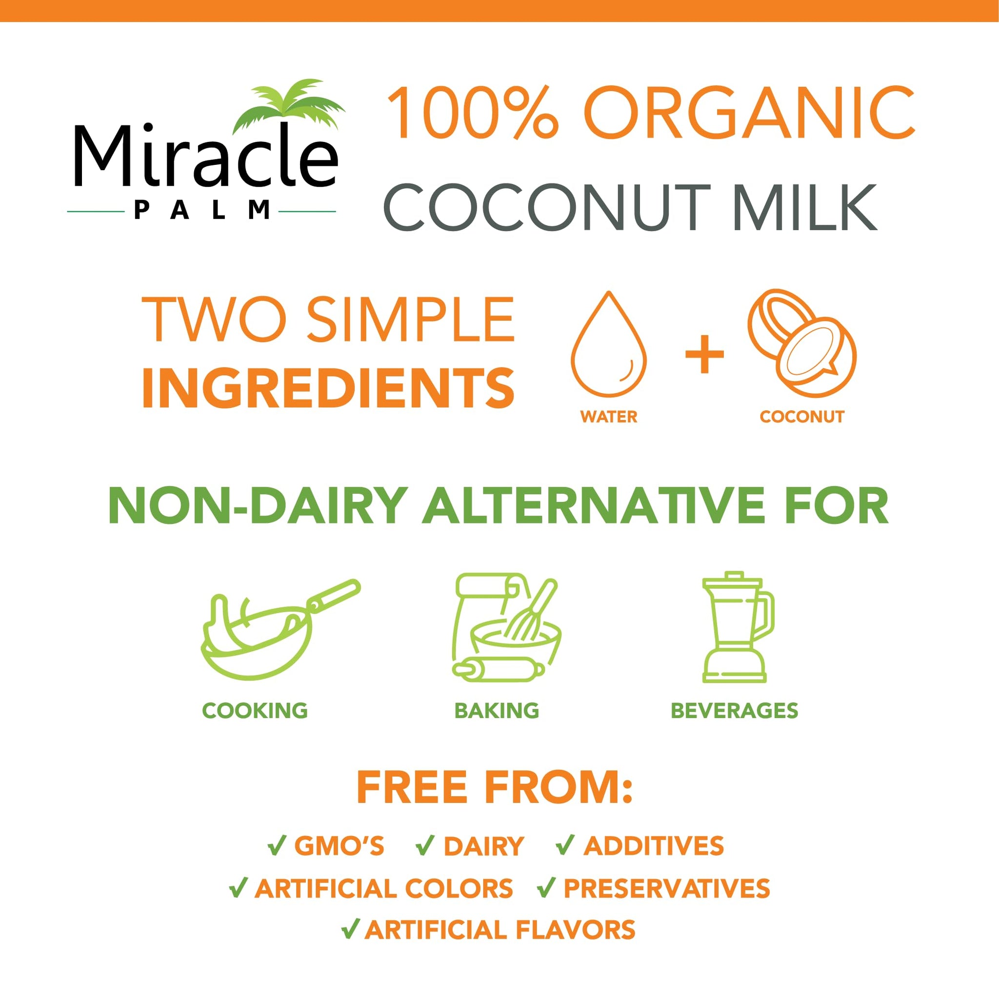 Miracle Palm Organic Coconut Milk Unsweetened - No Gums or Preservatives, Vegan, Dairy Free, Gluten Free, 13.5 Fl Oz Cans (Pack of 6)
