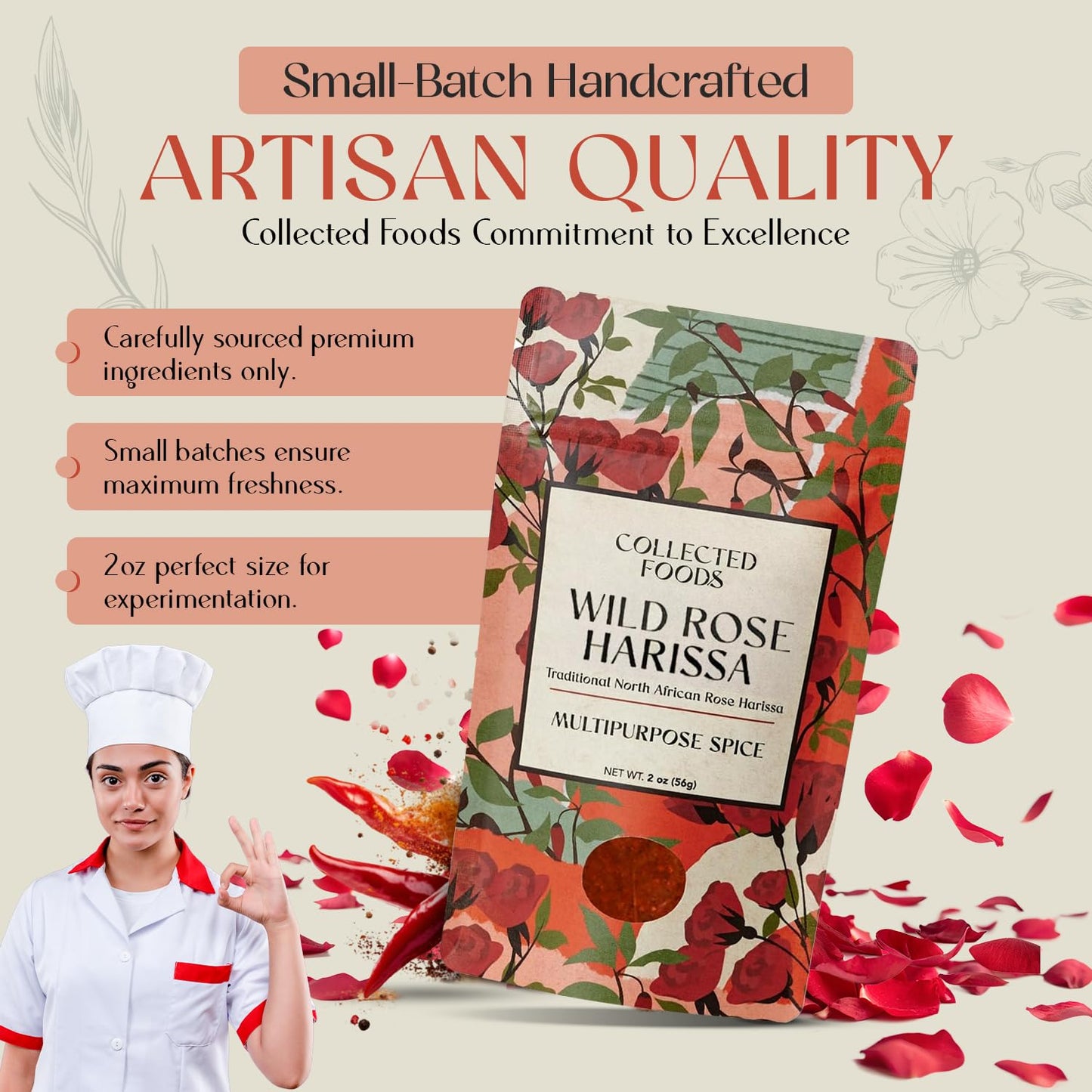 Premium Rose Harissa Spice Blend - Small-Batch Moroccan Seasoning with Chiles & Rose Petals - Perfect for Meats, Veggies, Stews & Marinades - Crafted