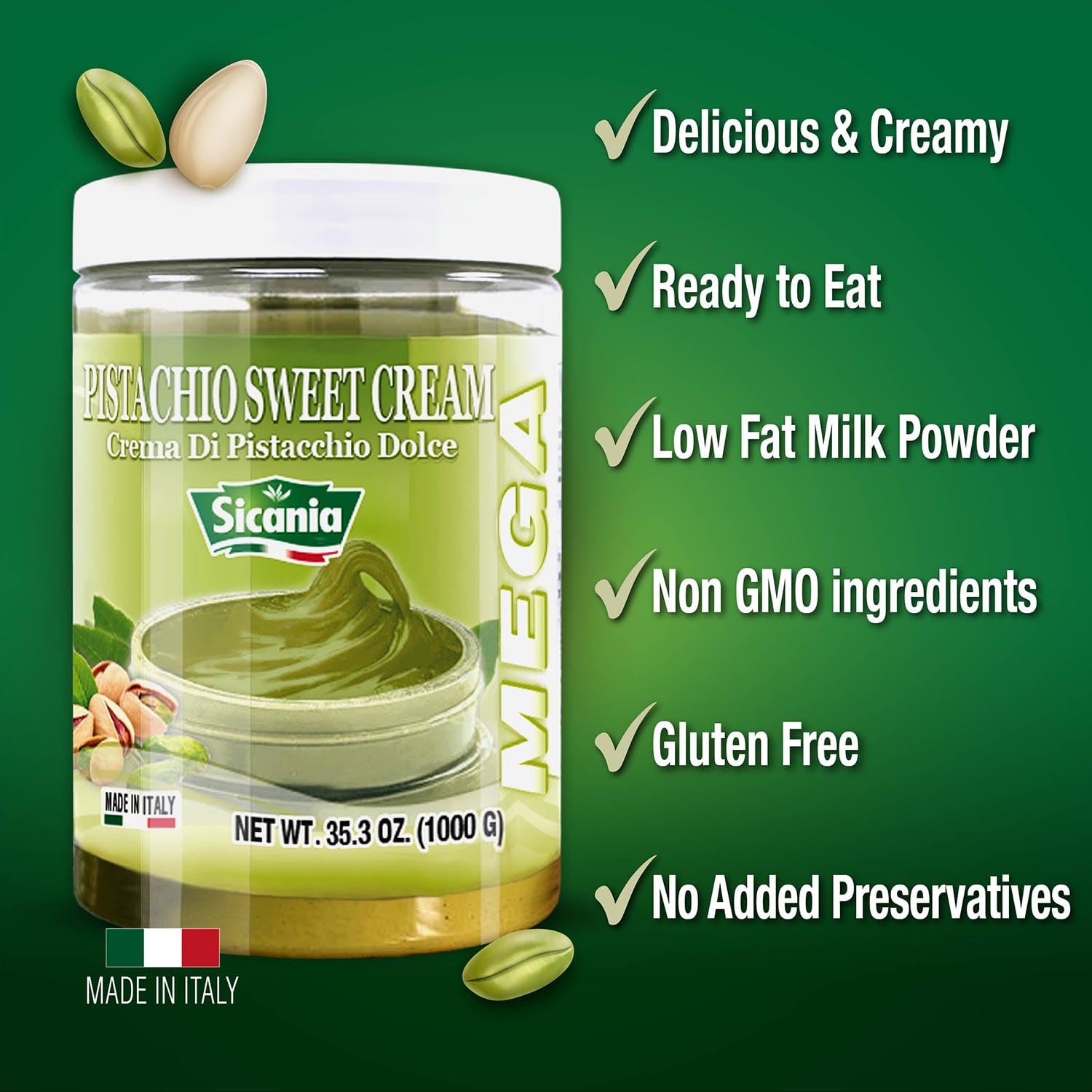 SICANIA - Premium Pistachio Cream Spread 2.2 lb (1kg) - Bulk Size - Authentic Italian, Gluten-Free, Non-GMO - Gourmet Spread for Desserts, Pastries