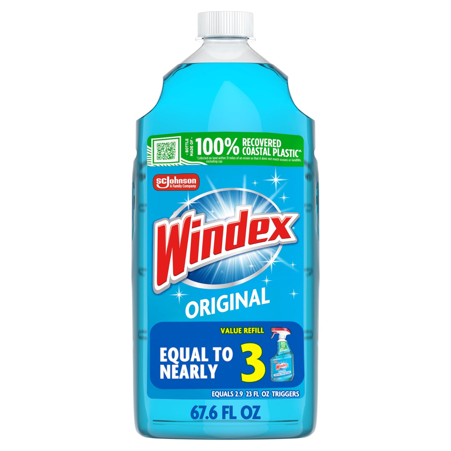 Windex Refill Glass and Window Cleaner Bottle, Bottle Made from 100% Recycled Plastic, Surface Cleaning Spray, Original Blue Scent, 2L (67.6 Fl Oz)