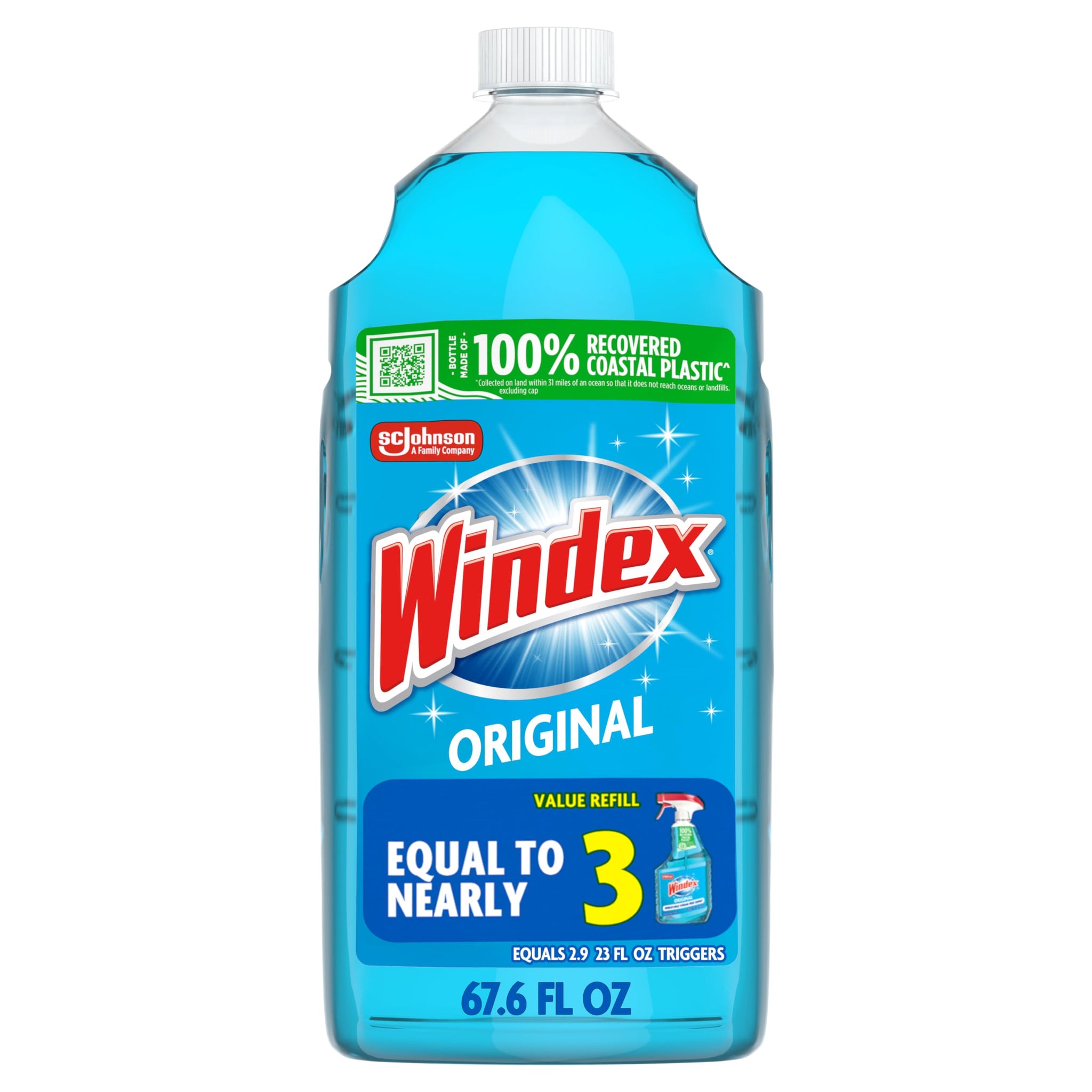 Windex Refill Glass and Window Cleaner Bottle, Bottle Made from 100% Recycled Plastic, Surface Cleaning Spray, Original Blue Scent, 2L (67.6 Fl Oz)