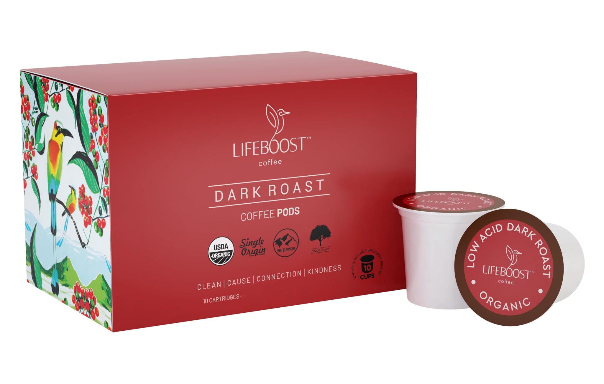 Lifeboost Dark Roast Low Acid Coffee K Cups - Single Origin Mold Free Non-GMO Organic Coffee Pods - Compatible with Keurig & Keurig 2 Machines - 10