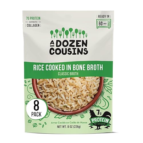 A Dozen Cousins Rice Cooked in Bone Broth Microwaveable Rice Packets | 7g Protein | Contains Collagen (Classic Chicken Broth, 8 Pack)