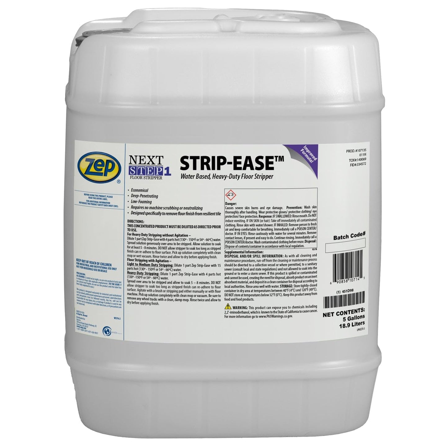 Zep Strip Ease Water Based Heavy Duty Floor Stripper - 5 Gallon (Case of 1) 107135 - Low Foaming, Deep Penetrating, Removes Finish, Polish and Heavy
