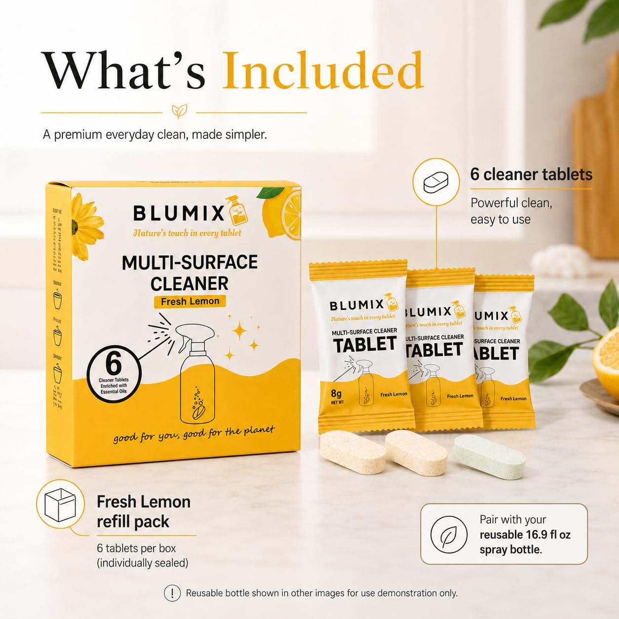 Blumix Multi-Surface Cleaner Refill Tablets - 6 Count | Fresh Lemon Scent | Eco-Friendly, Biodegradable, Plastic-Free Cleaning Refills for Spray