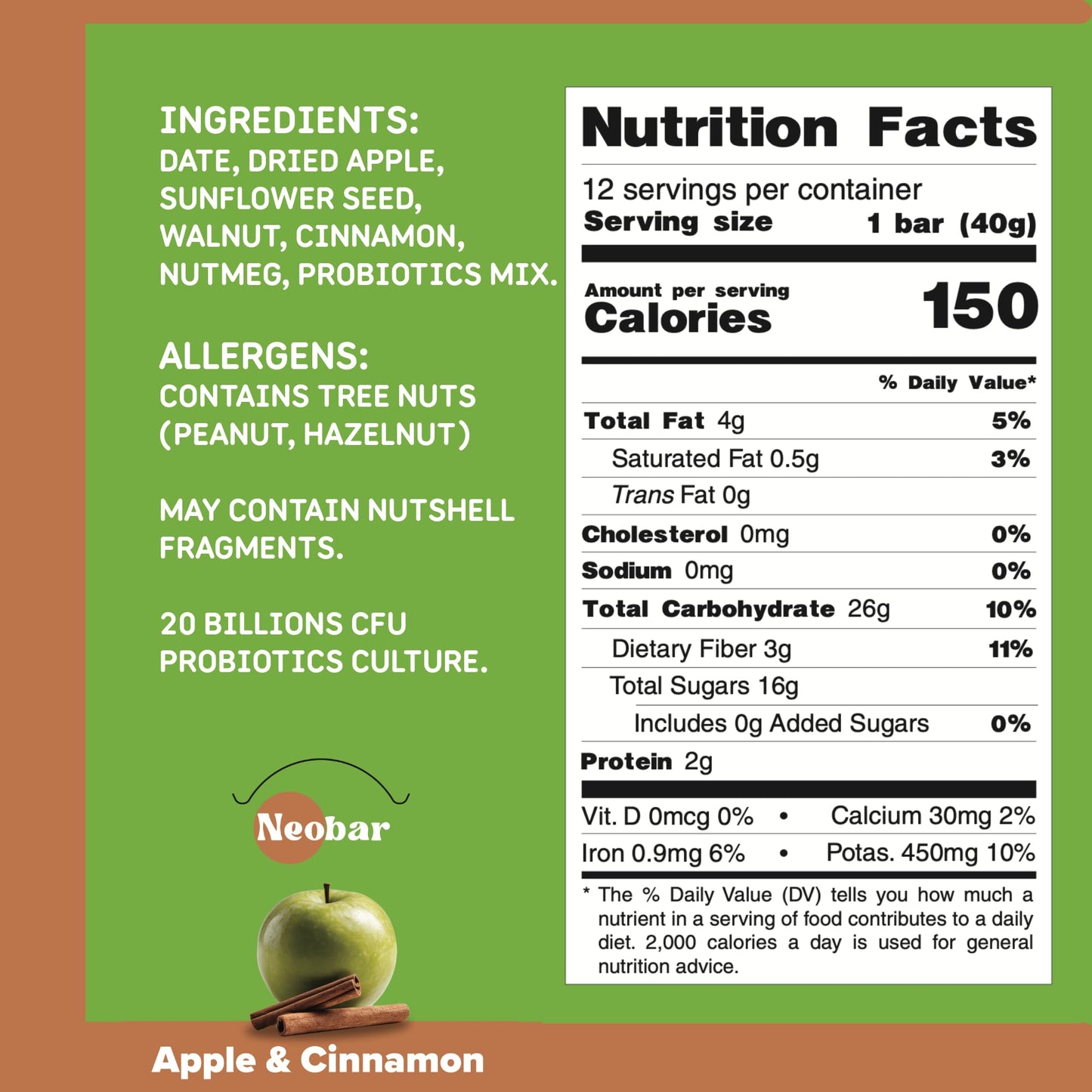 NEOBAR Apple Cinnamon Probiotic Bars - Plant-Based Vegan Snack Bars, Gluten Free Dairy Free Snacks, No Added Sugar, No Preservatives, Non-GMO |12
