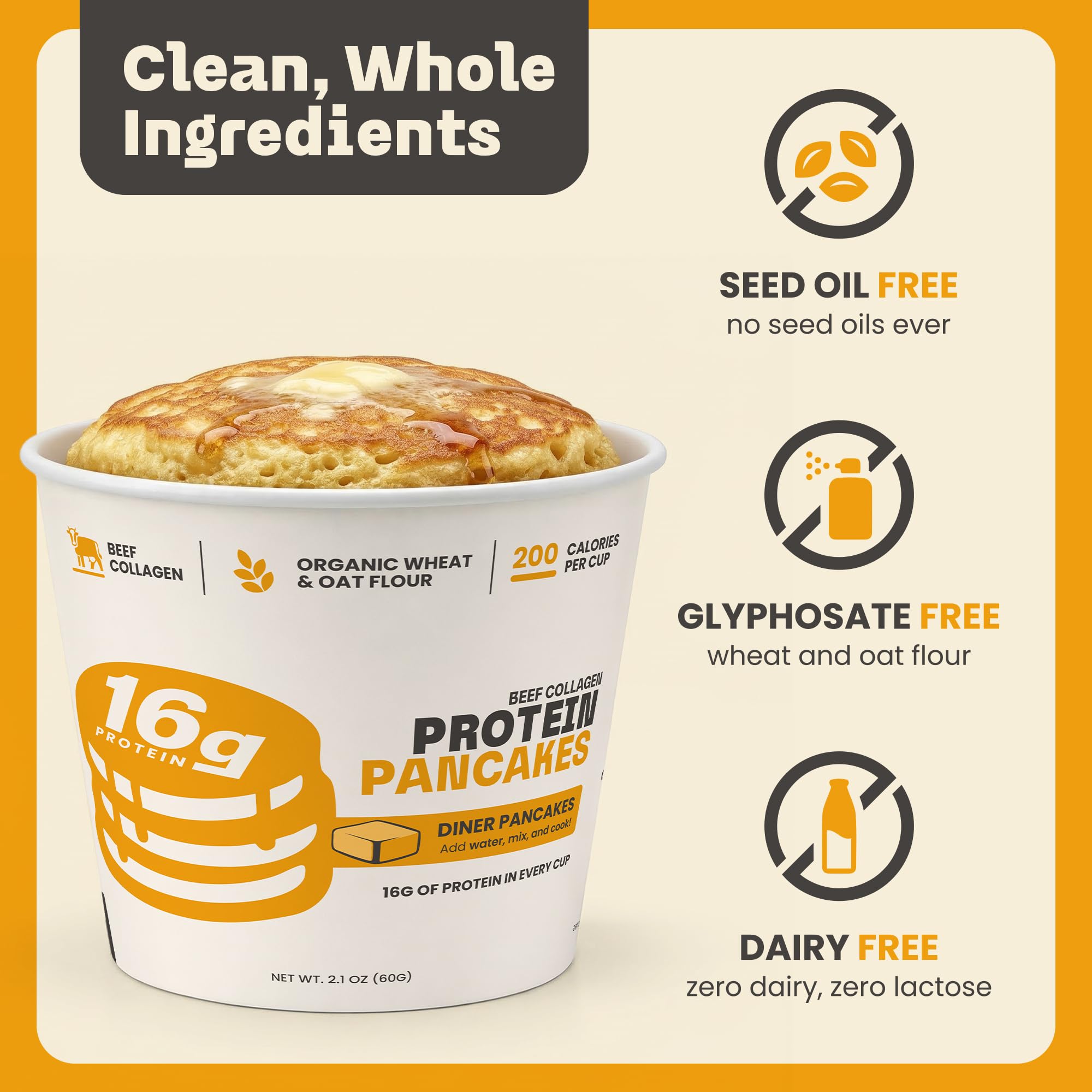Beef Cakes Beef Collagen Protein Breakfast - 12 Pack Instant Protein Diner Pancakes with 16g Protein, Beef Collagen, Seed Oil Free, Dairy Free, Quick & Easy Breakfast in a Cup