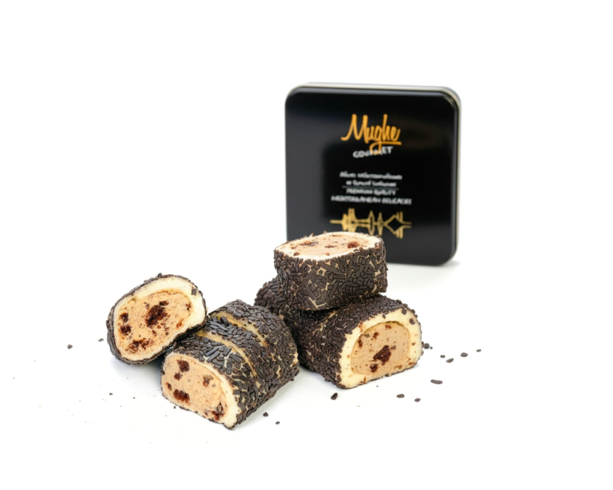 Mughe Gourmet Turkish Delight Gift Tin with Chocolate Cookie Crumble Filling - 350g/0.77 Lbs Premium Rolled Lokum