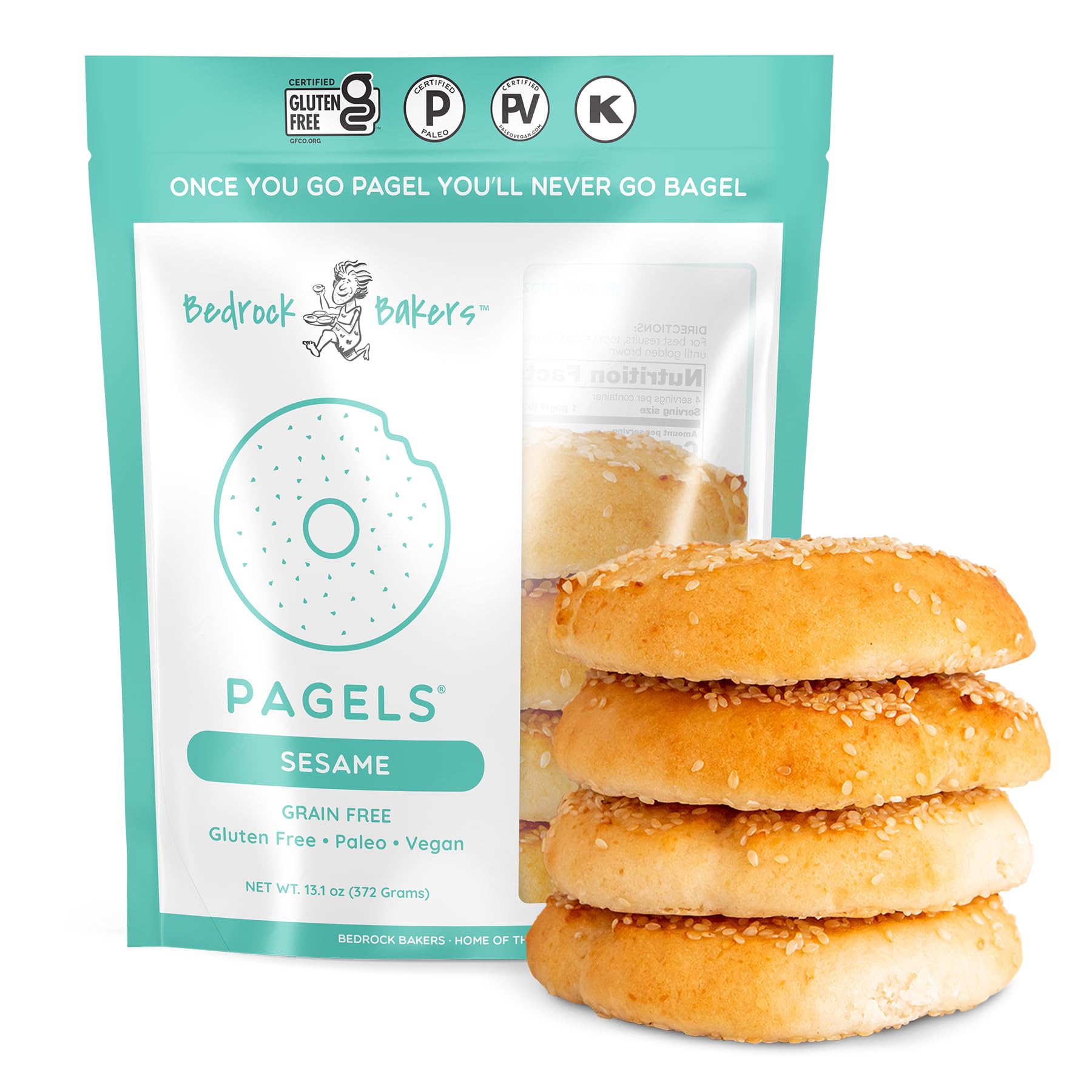 Bedrock Bakers Pagels Sesame (2 Pack) - Gluten-Free & Grain-Free Bagels - Paleo, Vegan, Kosher - No Preservatives, No Gums, No Oils, Minimal
