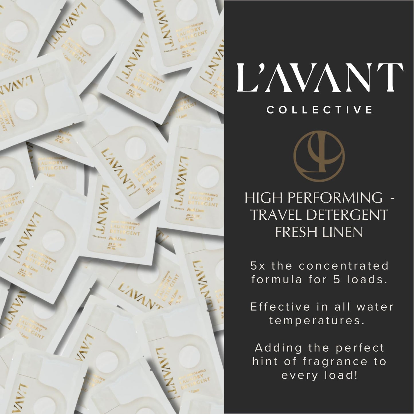 L'AVANT Collective Luxury Travel Laundry Detergent | Fresh Linen | Non-Toxic Concentrated Liquid Laundry Soap Packets | Plant-Based, HE Compatible