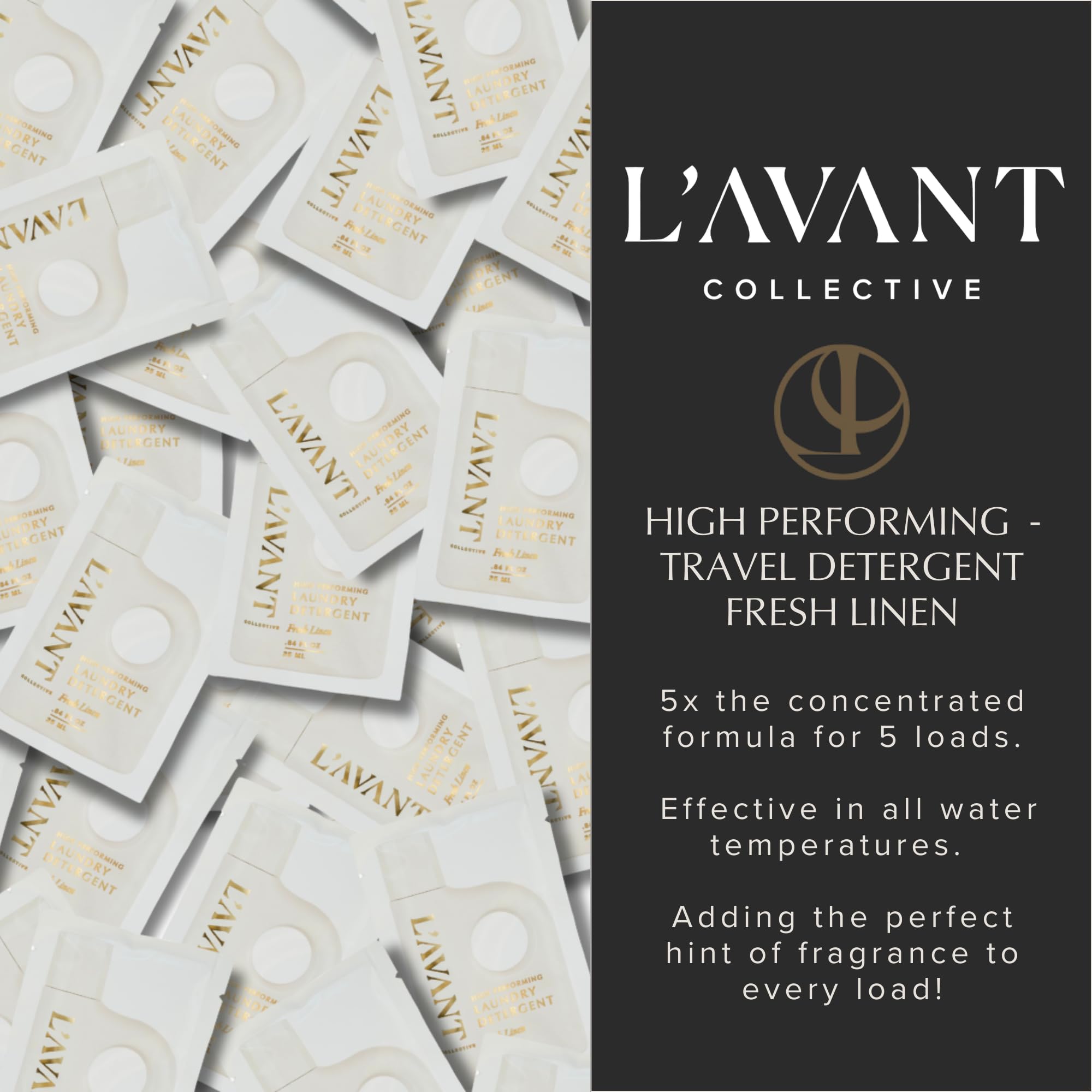 L'AVANT Collective Luxury Travel Laundry Detergent | Fresh Linen | Non-Toxic Concentrated Liquid Laundry Soap Packets | Plant-Based, HE Compatible