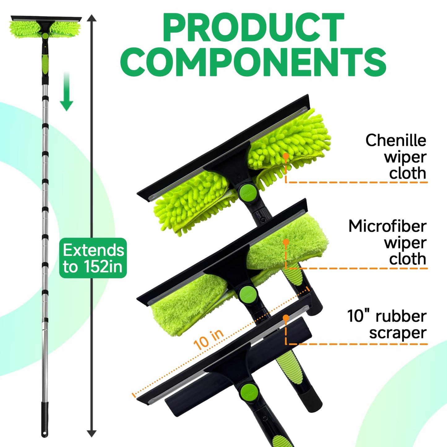 Professional 152" Window Squeegee Cleaner Tool with Extension Pole, 2-in-1 Squeegee for Window Cleaning Kit with Scrubber and Rotating Head, Window