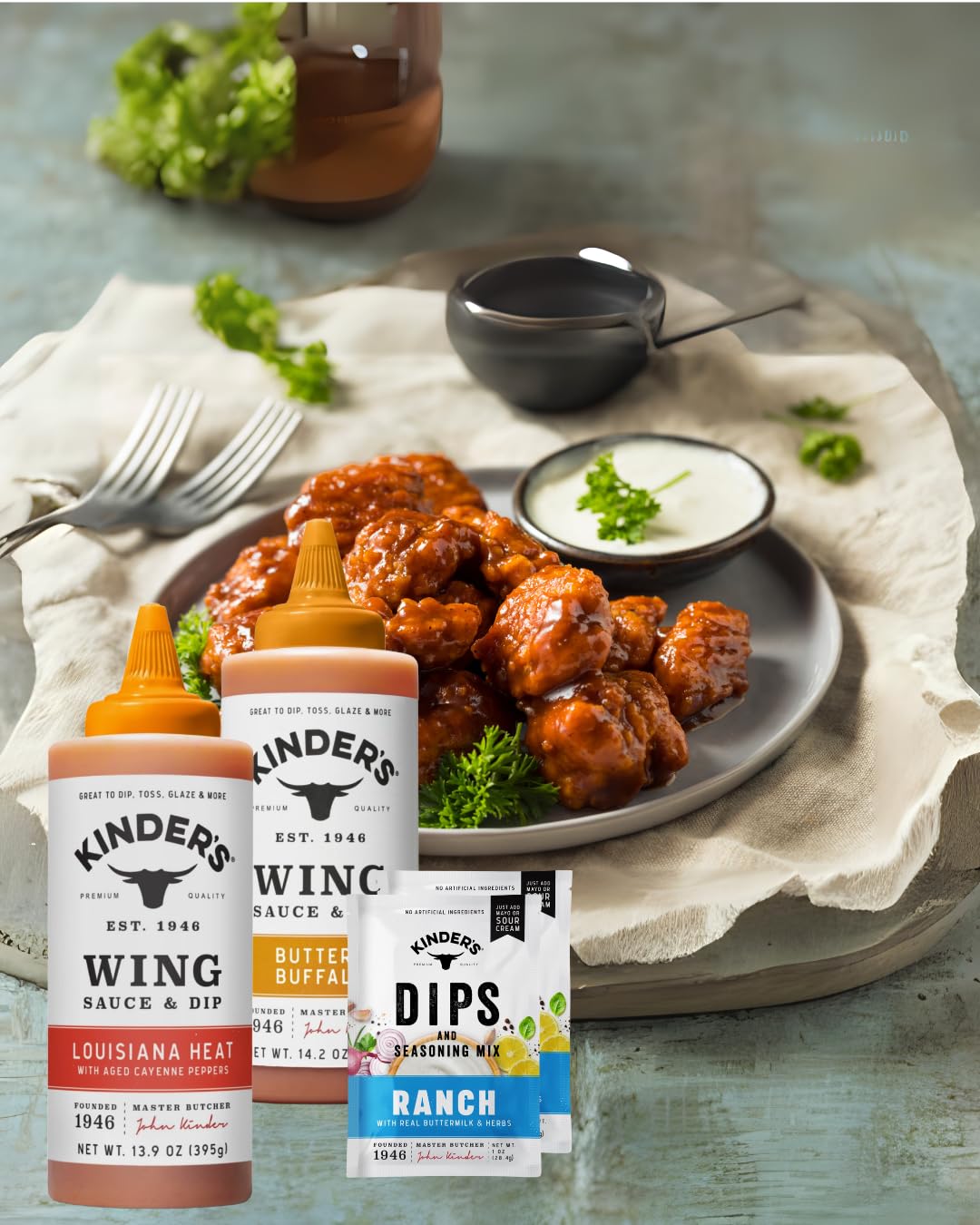 Kinder's Wing Sauce Variety Pack, Louisiana Heat and Buffalo Sauce with Ranch Dip Mix, Premium Quality Since 1946
