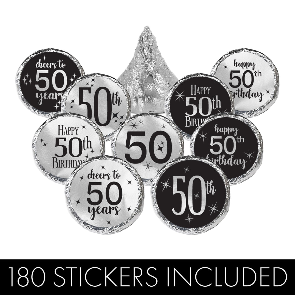 50th Birthday Candy Stickers, Black Print on Silver Foil, 180 Count