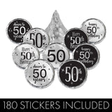 50th Birthday Candy Stickers, Black Print on Silver Foil, 180 Count