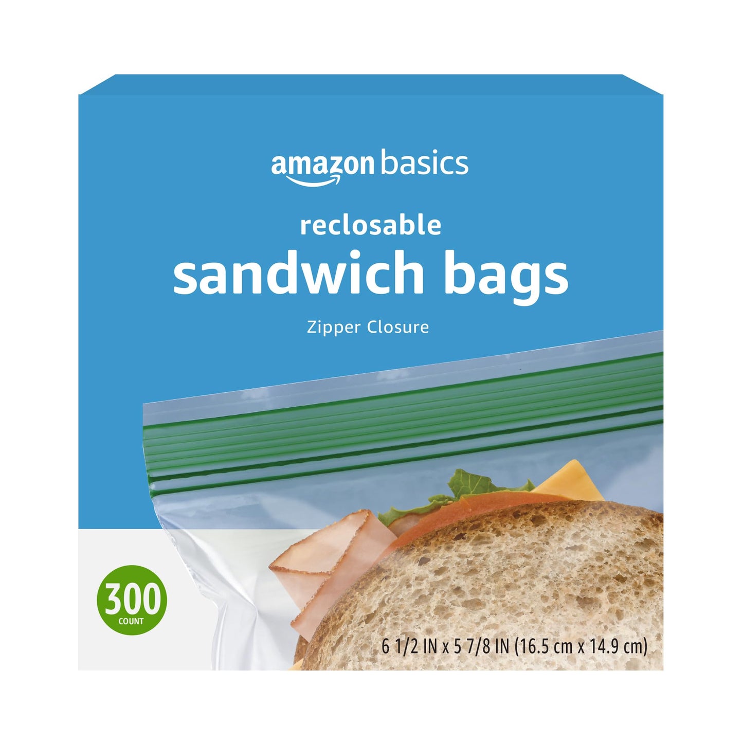 Amazon Basics Resealable Double Zipper Sandwich Storage Bags for Food Storage, 300 Count (Previously Solimo)