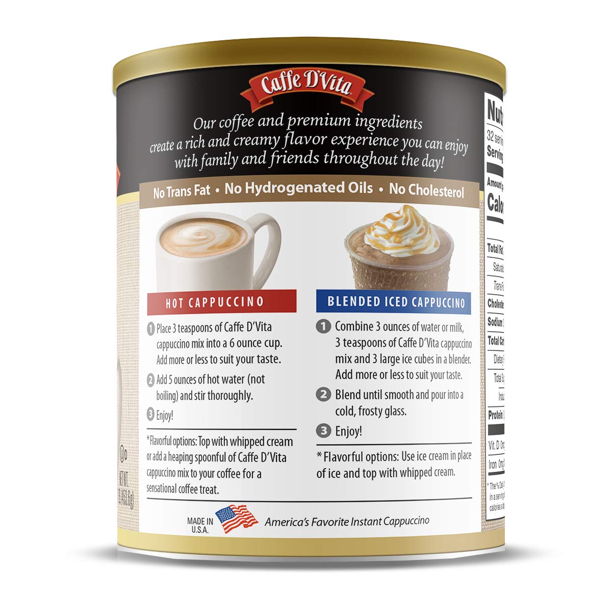 Caffe D'Vita Instant Hazelnut Cappuccino Mix - Instant Hazelnut Ground Coffee Beans, Gluten Free, No Cholesterol, No Hydrogenated Oils, No Trans Fat