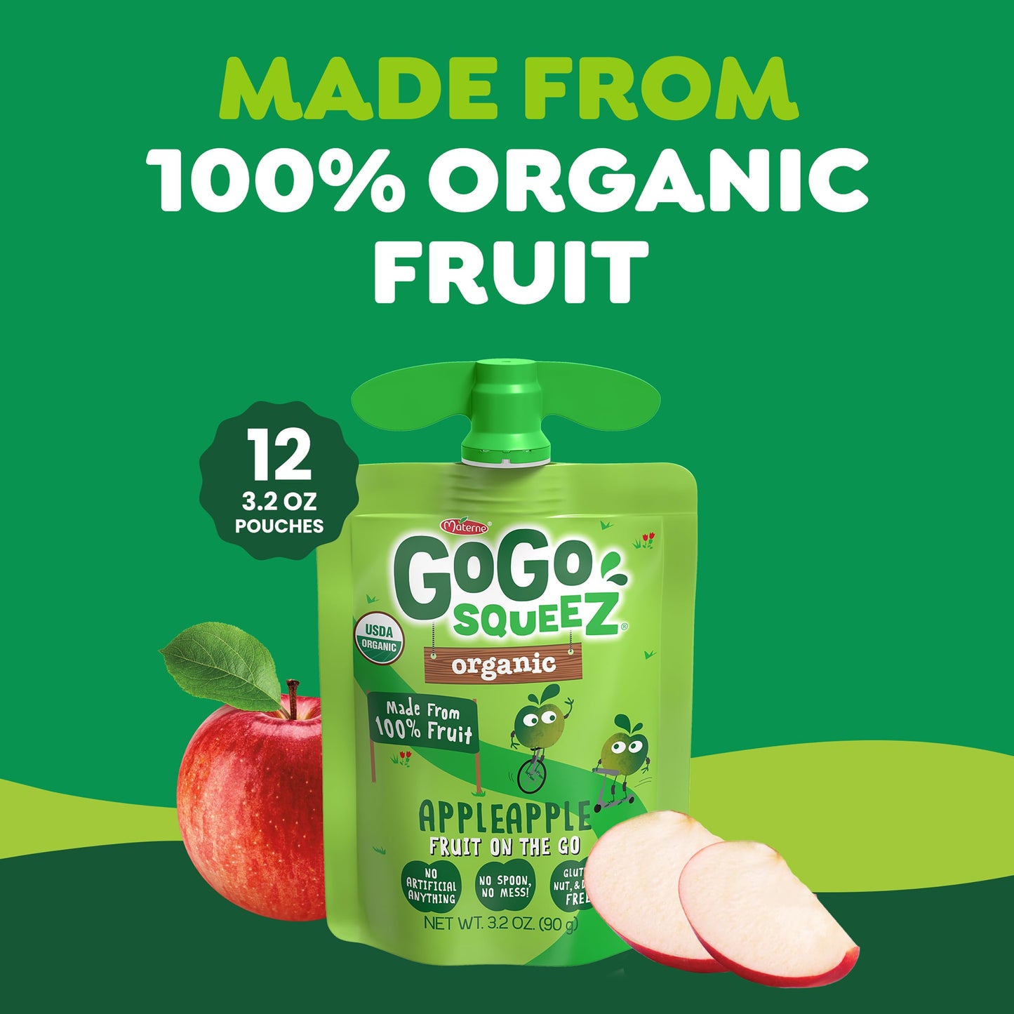 GoGo squeeZ No Sugar Added Organic Applesauce and Fruit Puree, Apple Apple, 3.2 oz Pouches (Pack of 12), Fruit Snacks for Kids, Gluten Free, Nut Free