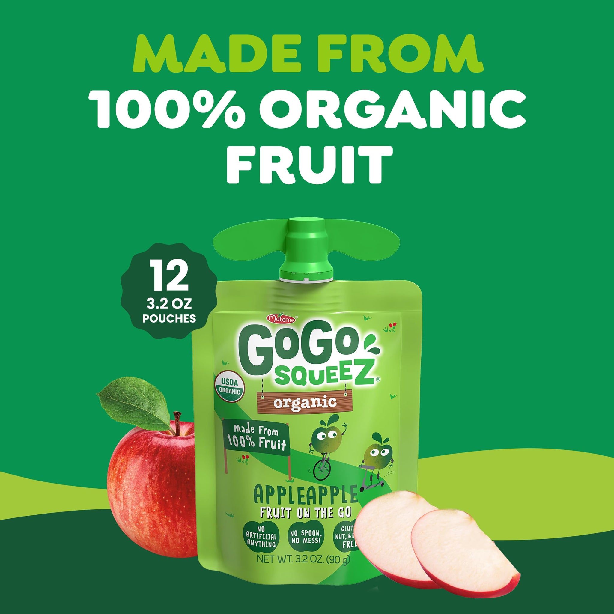 GoGo squeeZ No Sugar Added Organic Applesauce and Fruit Puree, Apple Apple, 3.2 oz Pouches (Pack of 12), Fruit Snacks for Kids, Gluten Free, Nut Free