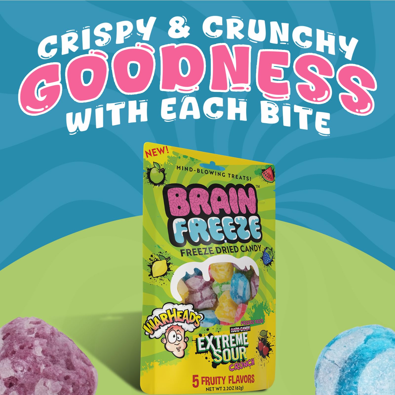 Brain Freeze by Warheads Mixed Fruit Dried Candy | Freeze Dried Candy with Warheads Extreme Sour Crunch | Mouth-Puckering Flavor | Fun Snack & Party
