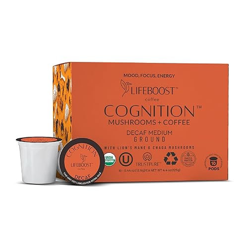 Lifeboost Cognition Decaf Mushroom Coffee Pods - Organic Low Acid Decaf K-Cups with Lion’s Mane & Chaga Adaptogens - Nootropic Coffee for Focus
