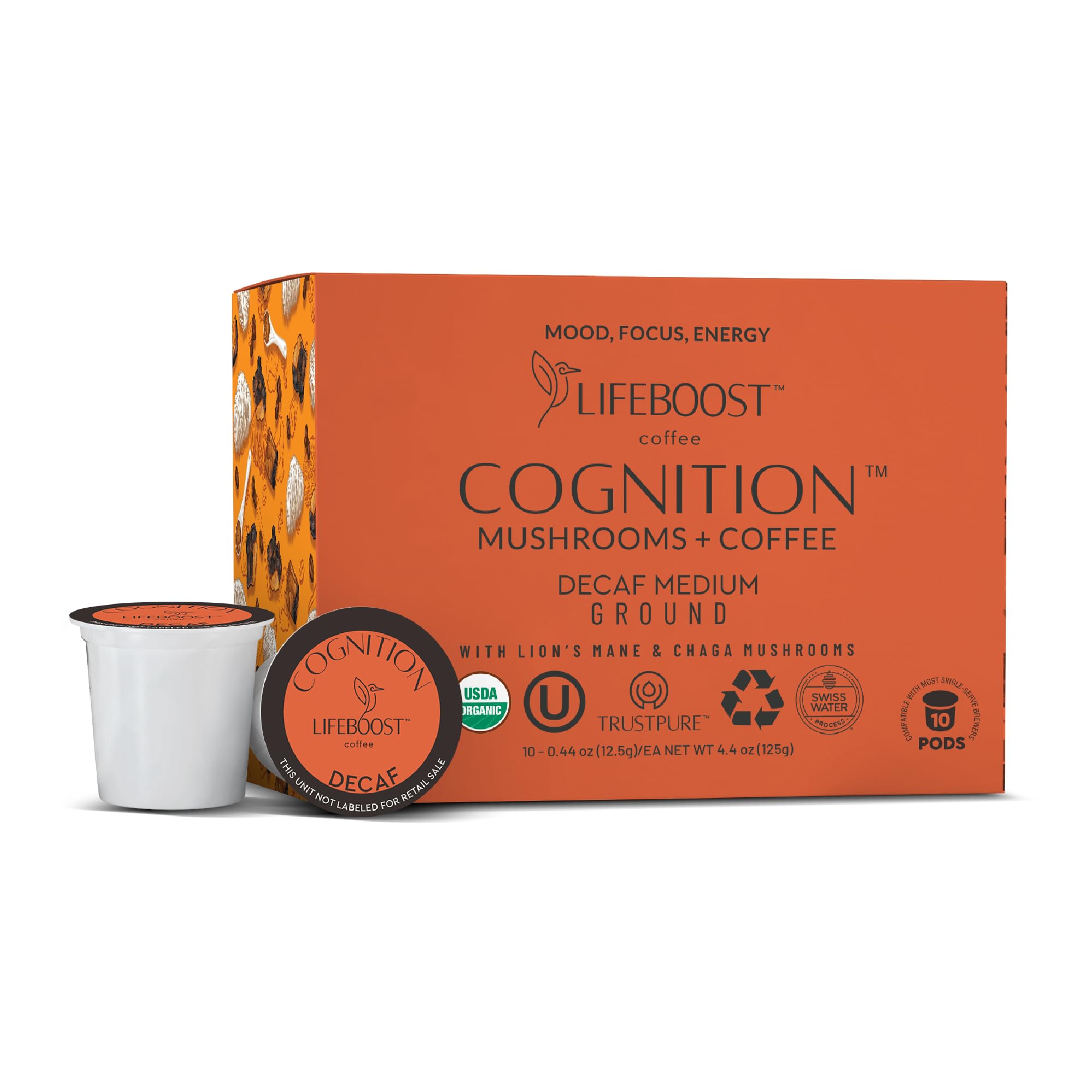 Lifeboost Cognition Decaf Mushroom Coffee Pods - Organic Low Acid Decaf K-Cups with Lion’s Mane & Chaga Adaptogens - Nootropic Coffee for Focus