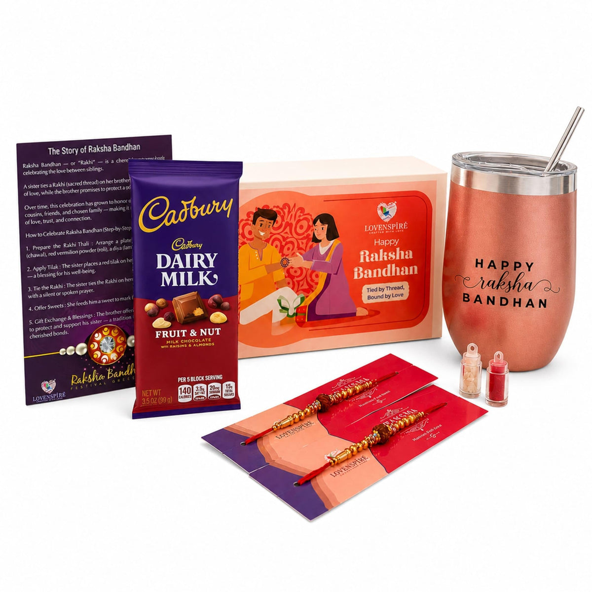 LOVENSPIRE Traditional Rudraksha Rakhi Gift Hamper for Brother & Bhabhi - Adjustable Rakhi Bracelet with Tumbler, Chocolates, Roli Chawal & Card