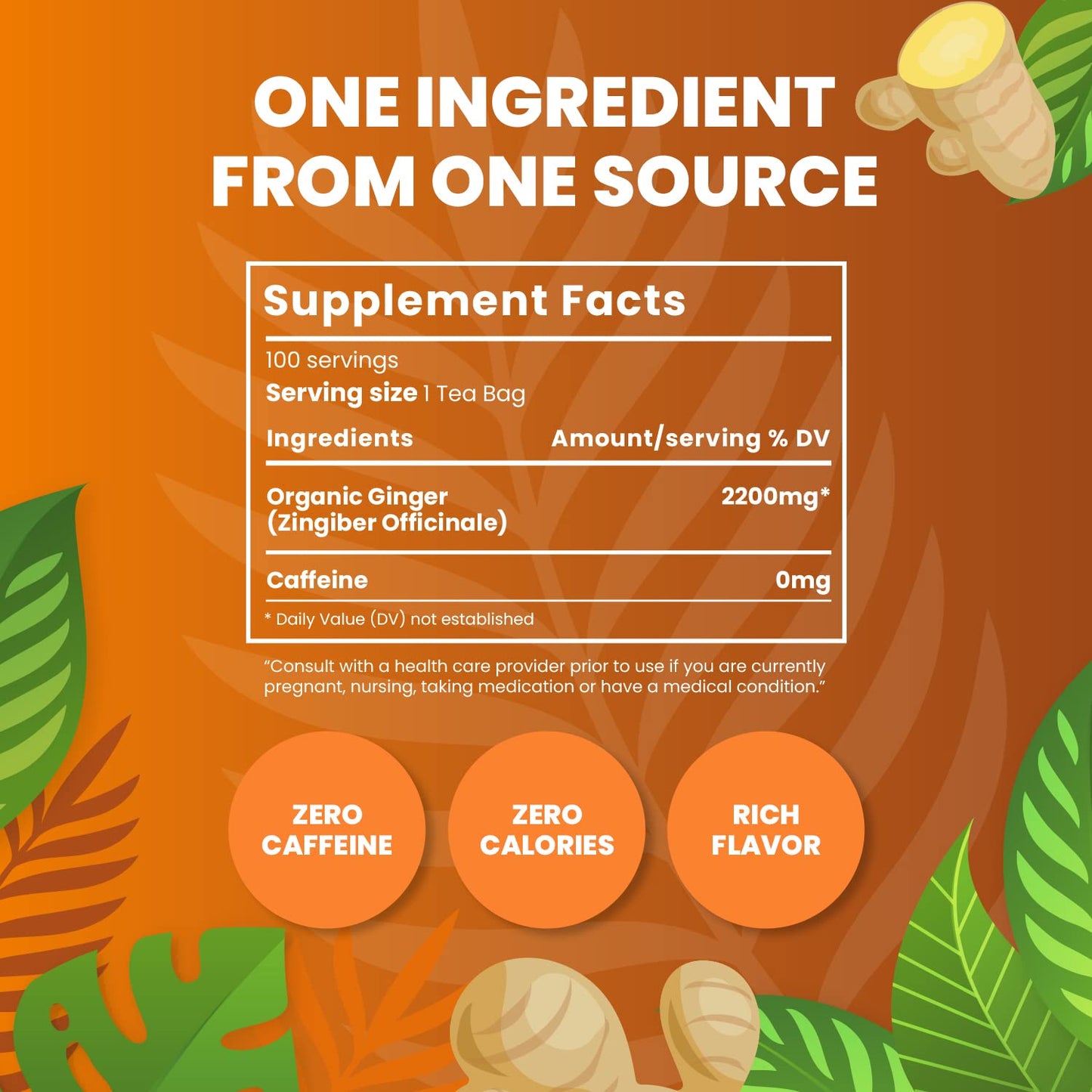 Cederberg Tea Company Organic Ginger Tea - 100 Tea Bags | Organic Herbal Tea From Single Origin | Eco-Friendly | Non-GMO Caffeine Free