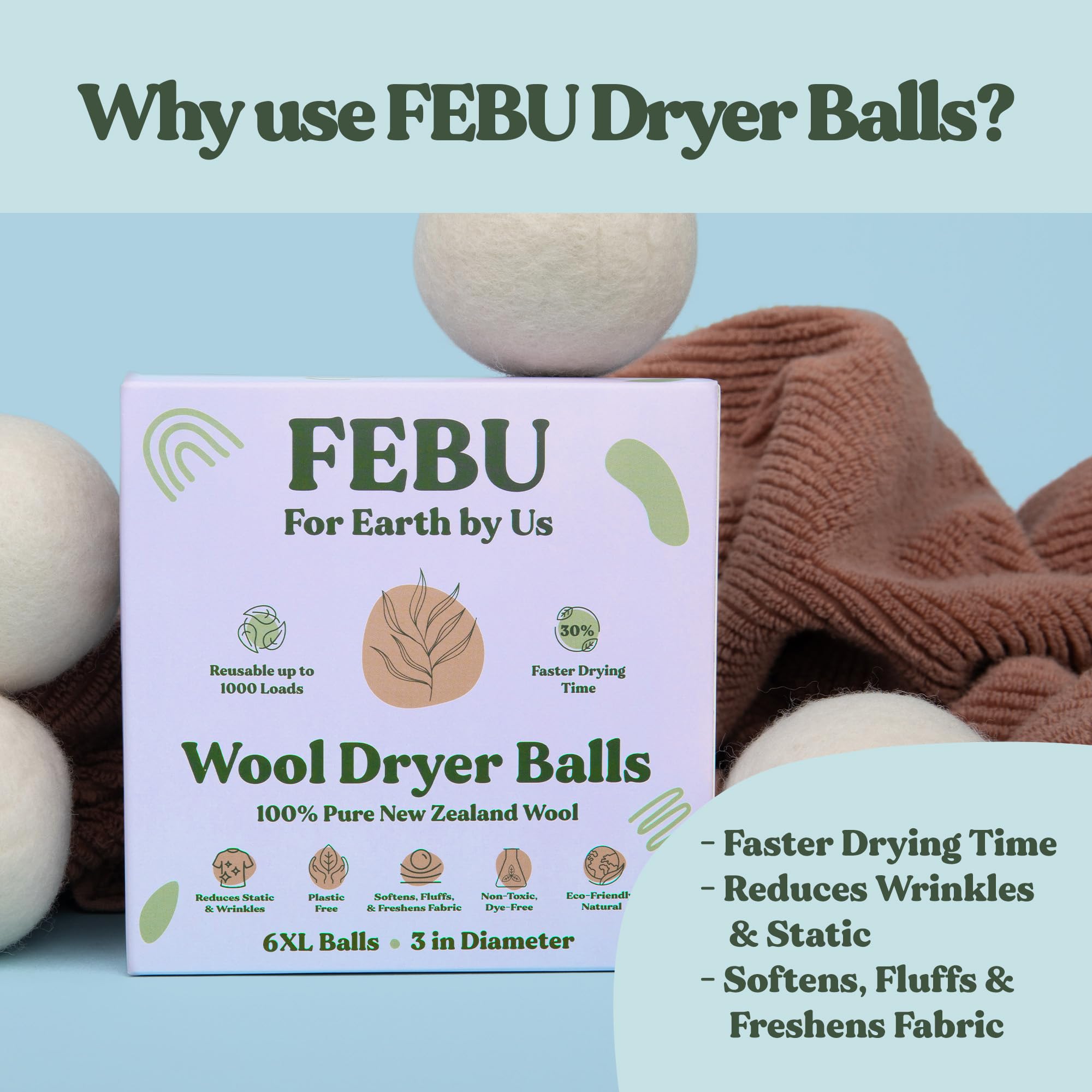 FEBU Wool Dryer Balls, 6-Pack, XL | 100% New Zealand Wool | Natural, Reusable Fabric Softener | Alternative to Dryer Sheets | Reduces Wrinkles