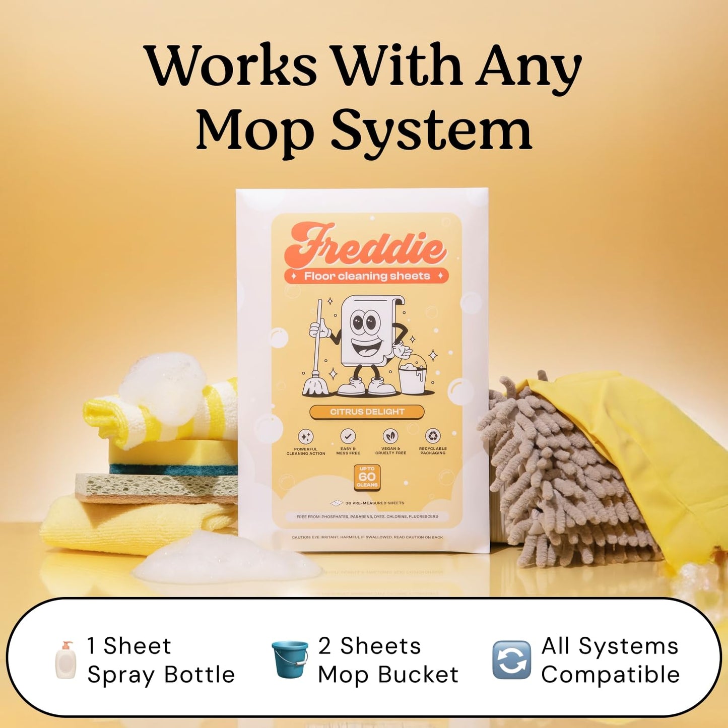 Freddie Floor Cleaning Sheets - Citrus Delight Scent - Plastic Jug-Free - Multi-Surface Cleaner for Hardwood Tile Vinyl - 60 Uses (30 Sheets)
