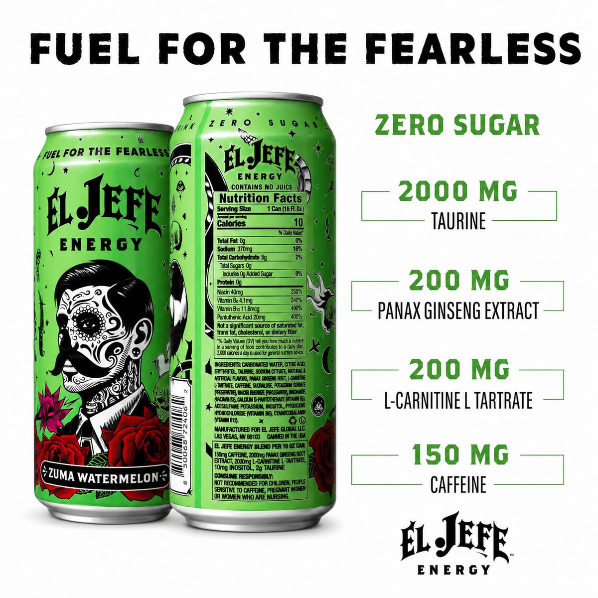 EL JEFE Energy Drink, Zuma Watermelon, Zero Sugar, 16 fl oz Cans, 12-Pack