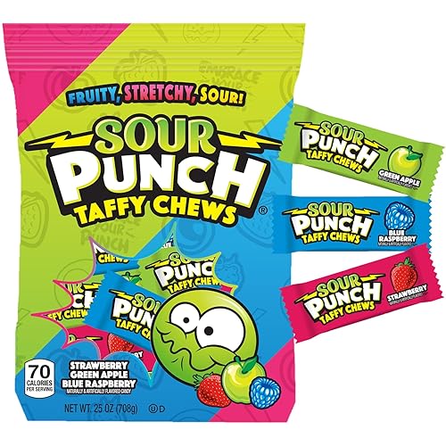 Sour Punch Taffy Candy Chews - 25 oz Bag (Pack of 1) - (Strawberry, Blue Raspberry, Green Apple) - Individually Wrapped Chewy Candy - Fun Sour Chewy