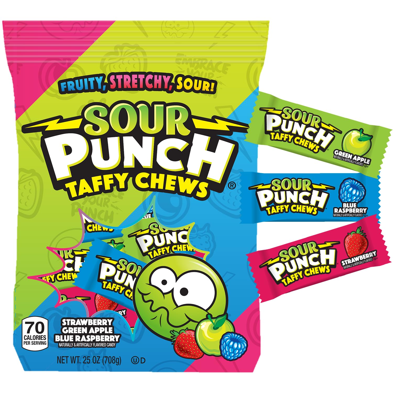 Sour Punch Taffy Candy Chews - 25 oz Bag (Pack of 1) - (Strawberry, Blue Raspberry, Green Apple) - Individually Wrapped Chewy Candy - Fun Sour Chewy