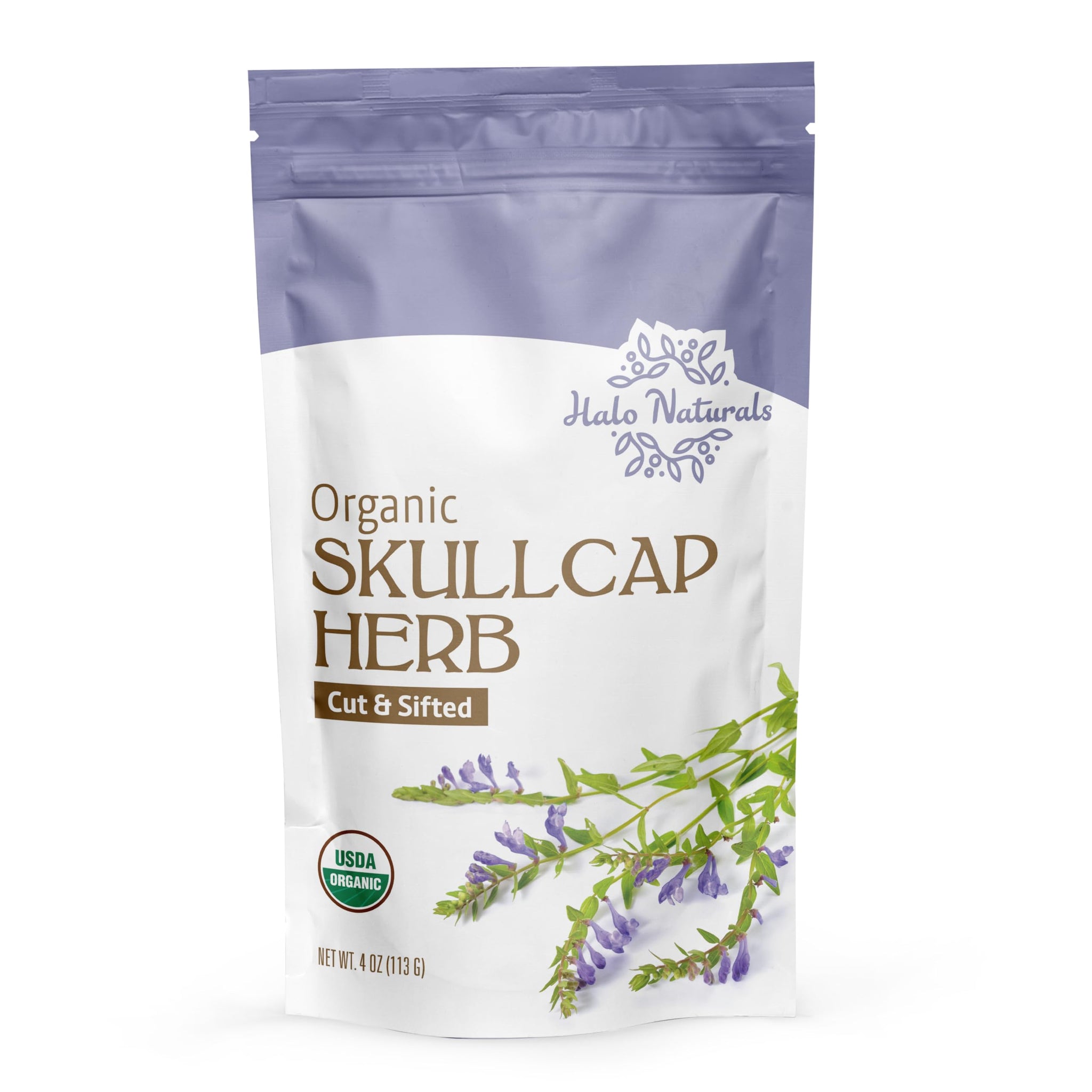 Halo Naturals Organic Skullcap Herb Cut & Sift, 4 Ounces (Scutellaria lateriflora) USDA Certified | Resealable Pouch| Packaged in The USA (Pack of 1)