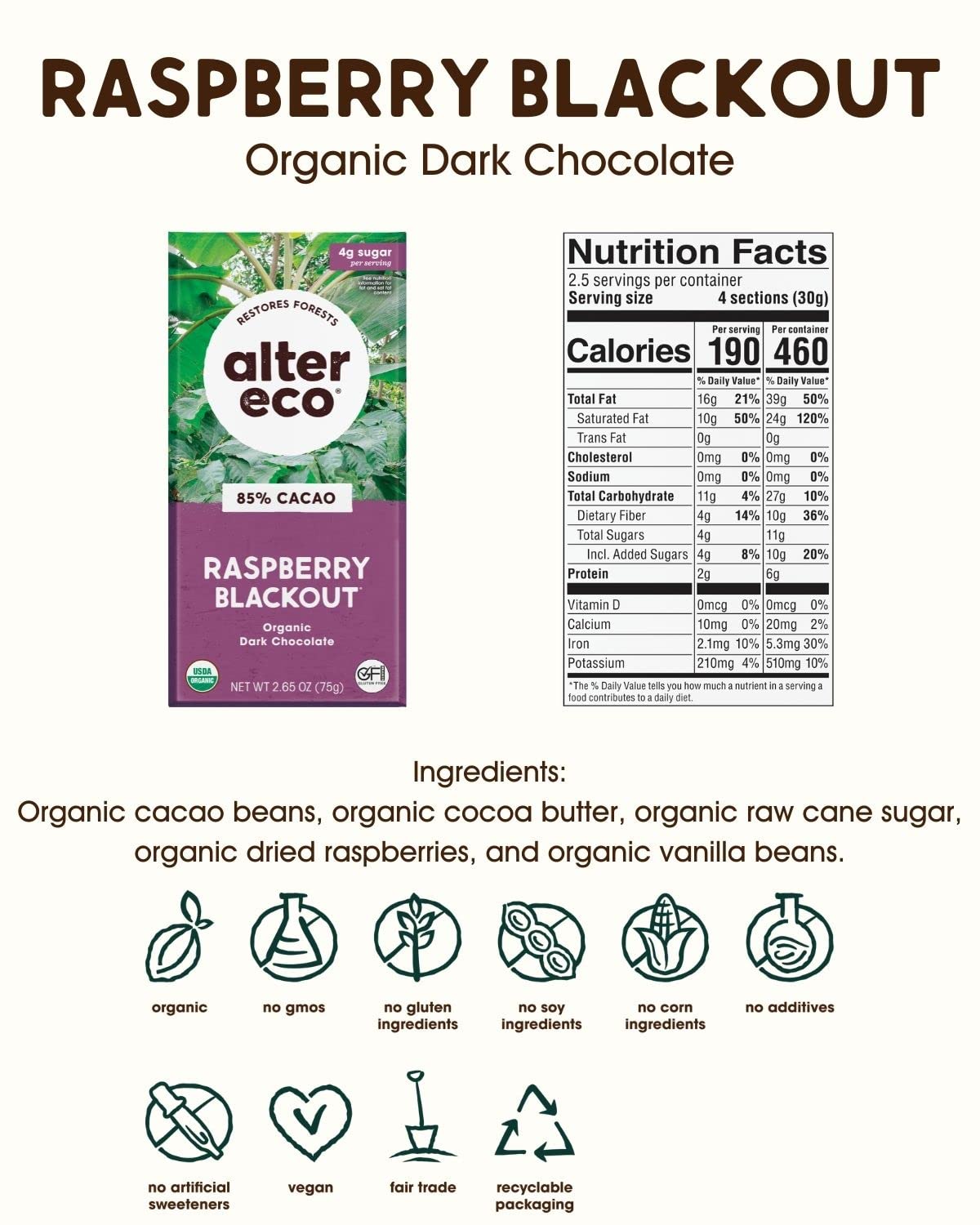 Alter Eco | Dark Chocolate Bars | Pure Dark Cocoa, Fair Trade, Organic, Non-GMO, Gluten Free (Raspberry Blackout)