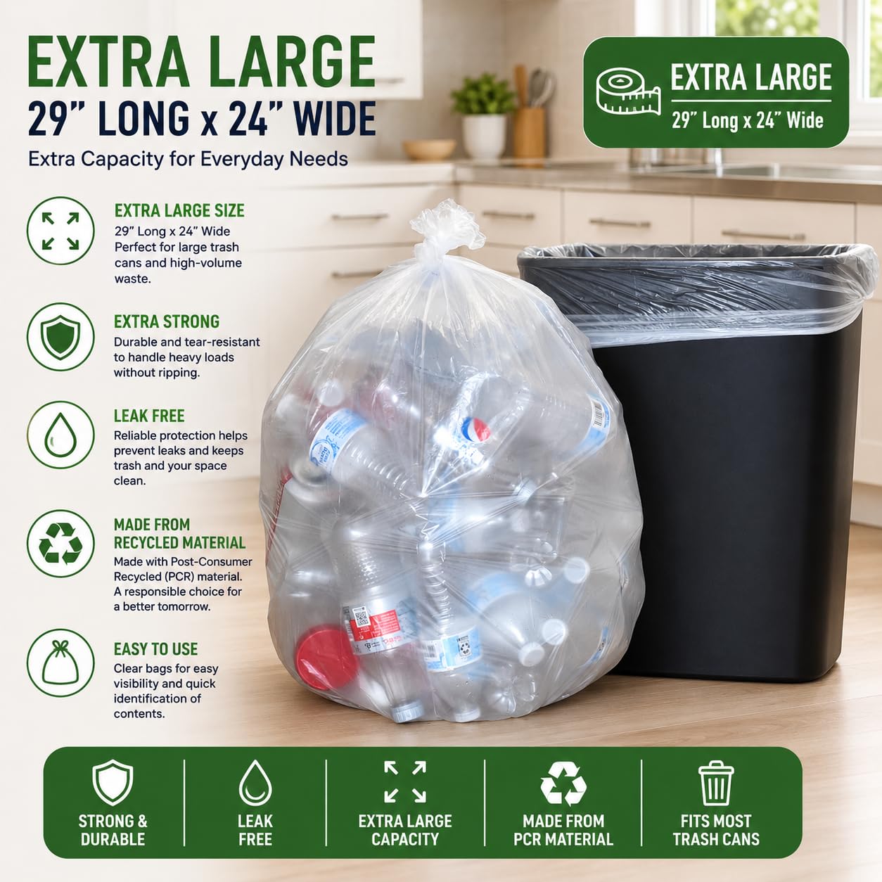7-10 Gallon Clear Garbage Bags (110 Bags) 29" x 24" Extra Large Medium Kitchen Trash Bags Paper Shredder Bags Can Liners for Home and Office Bins, 110