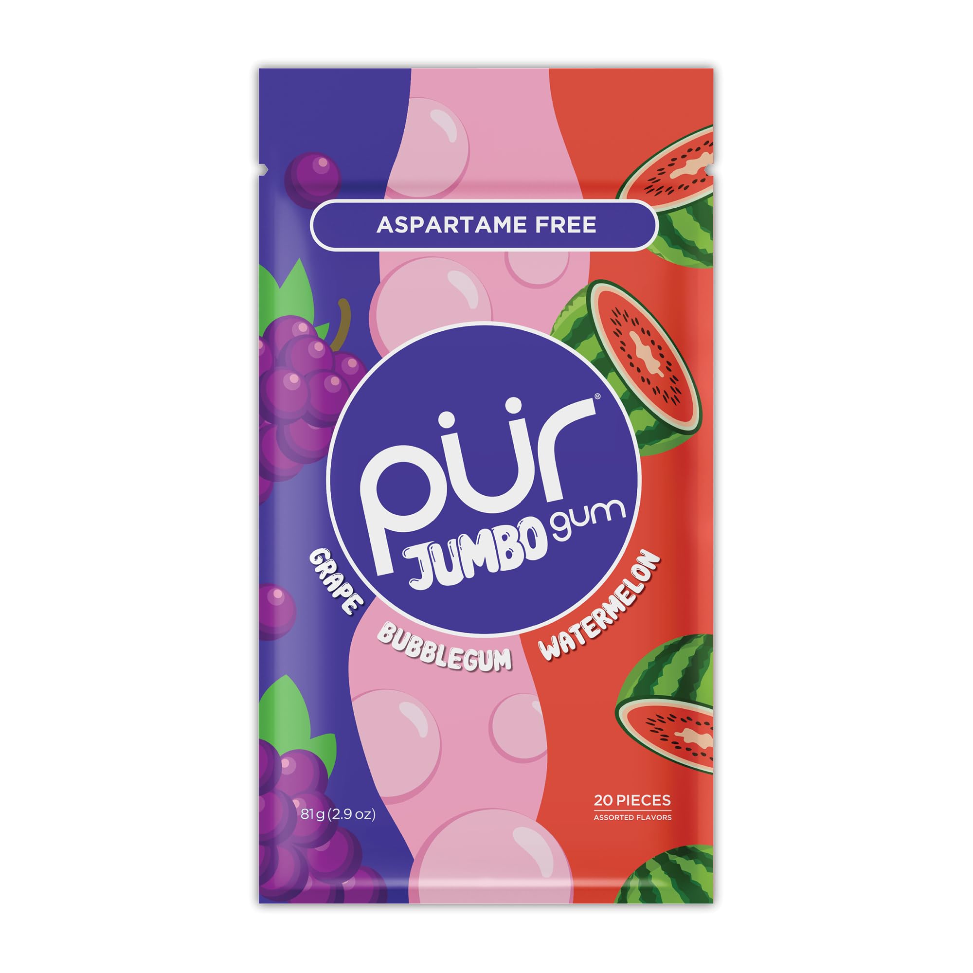 Pur, Jumbo Gum, Aspartame Free Chewing Gum, 100% Xylitol, Natural Bubblegum Grape Watermelon Flavor, 20 Count