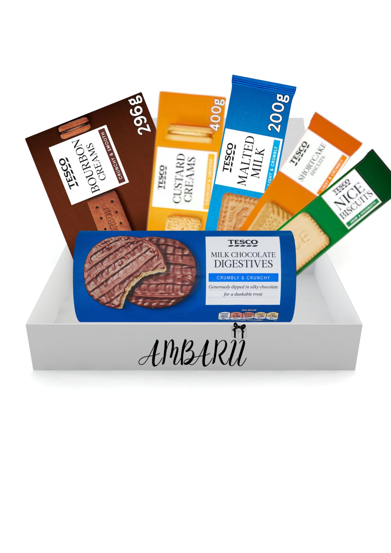 AMBARII Tesco Biscuit Gift Box | Biscuit Gift Hamper | 6 Pack | malted milk, bourbons, custard cream, digestives, nice, shortcake
