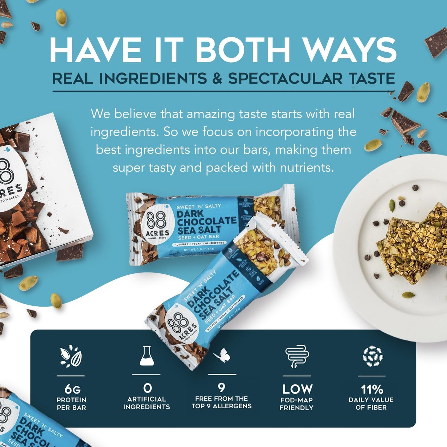 88 Acres Granola Bars, Dark Chocolate Sea Salt, 12 Count, School Safe, Allergen Free Seed & Oat Snack Bar, Gluten & Nut Free, Vegan, Non-GMO & Kosher