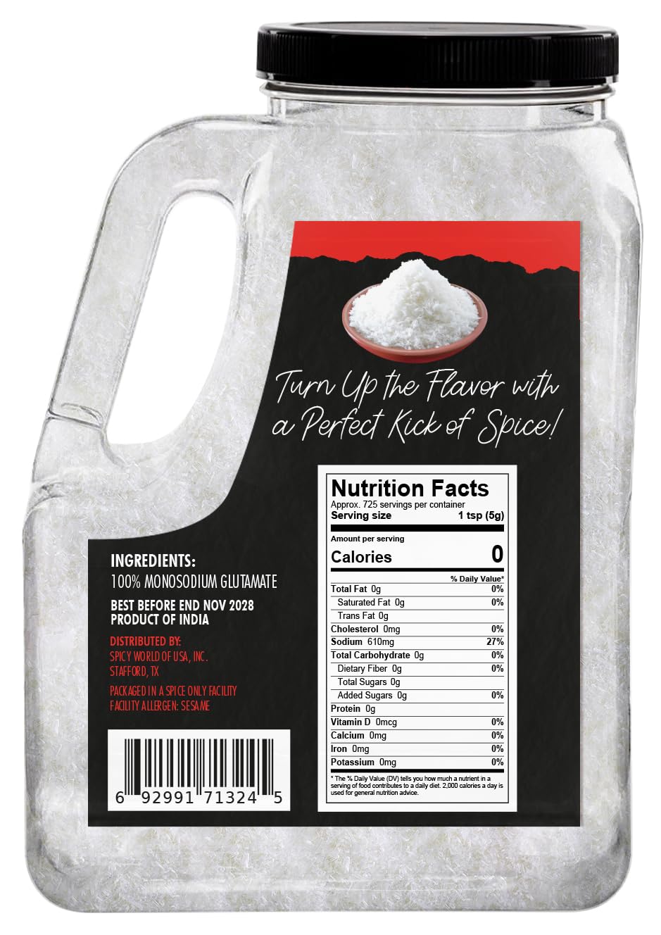 Monosodium Glutamate (MSG) 8 LB Bulk Jar - MSG Seasoning, Premium, Restaurant Grade Flavor Enhancer, Umami Seasoning - By Spicy World