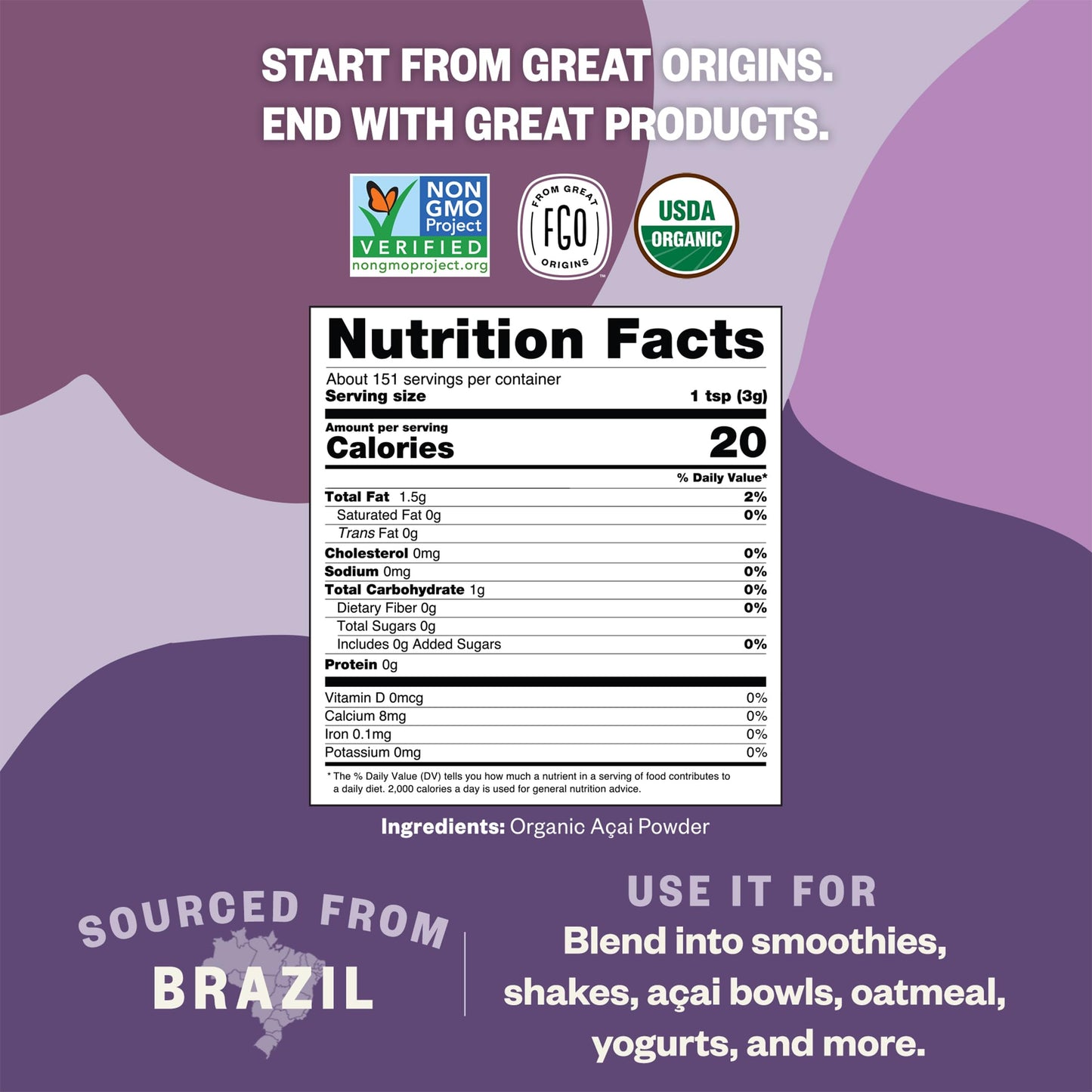 FGO Organic Acai Powder, 1 Pound / 16oz Bulk Resealable Pouch, Freeze Dried Superfood Berry from Brazil, No Sugar & Additives,Great for Drinks