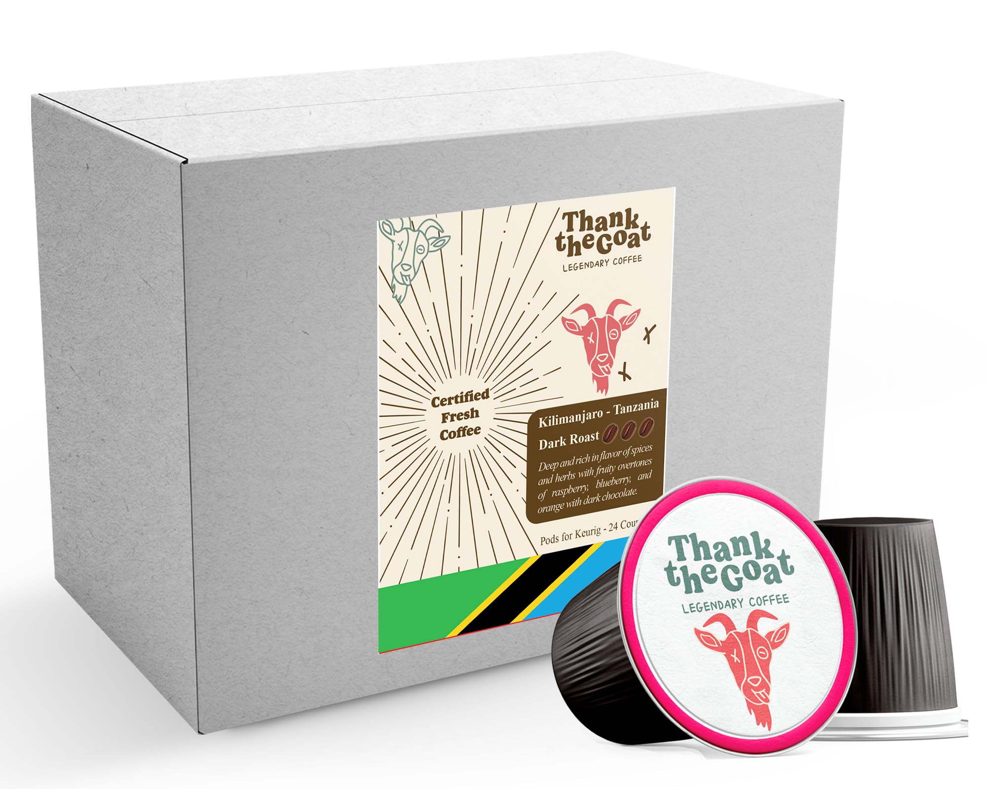 Thank the Goat Gourmet Made to Order Coffee Pods, Freshly Roasted, Dark Roast Compatible with Keurig 2.0 K-Cup Brewers, From Kilimanjaro, Tanzania, 24