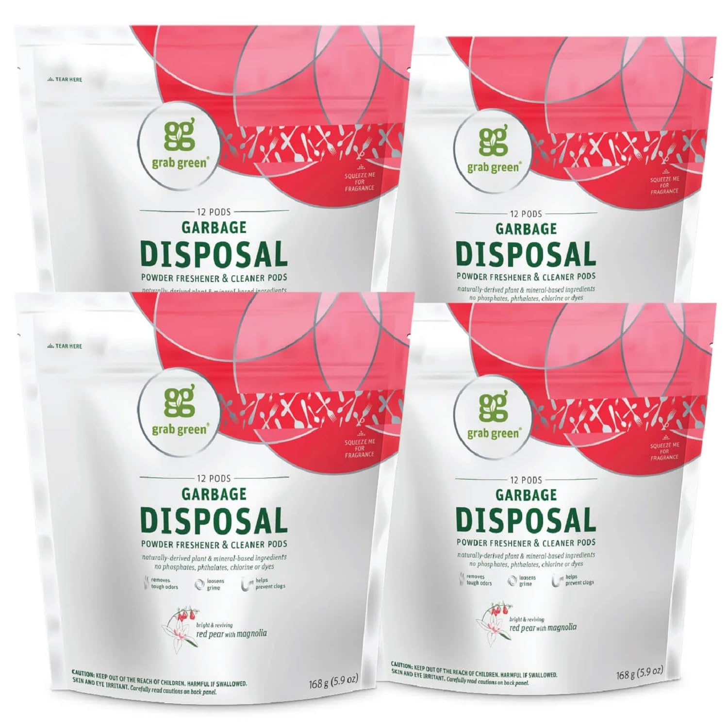 Grab Green Naturally-Derived, Mineral-Based Disposal Cleaner & Freshener Pods, Red Pear with Magnolia, 12 Pods (4-Pack)